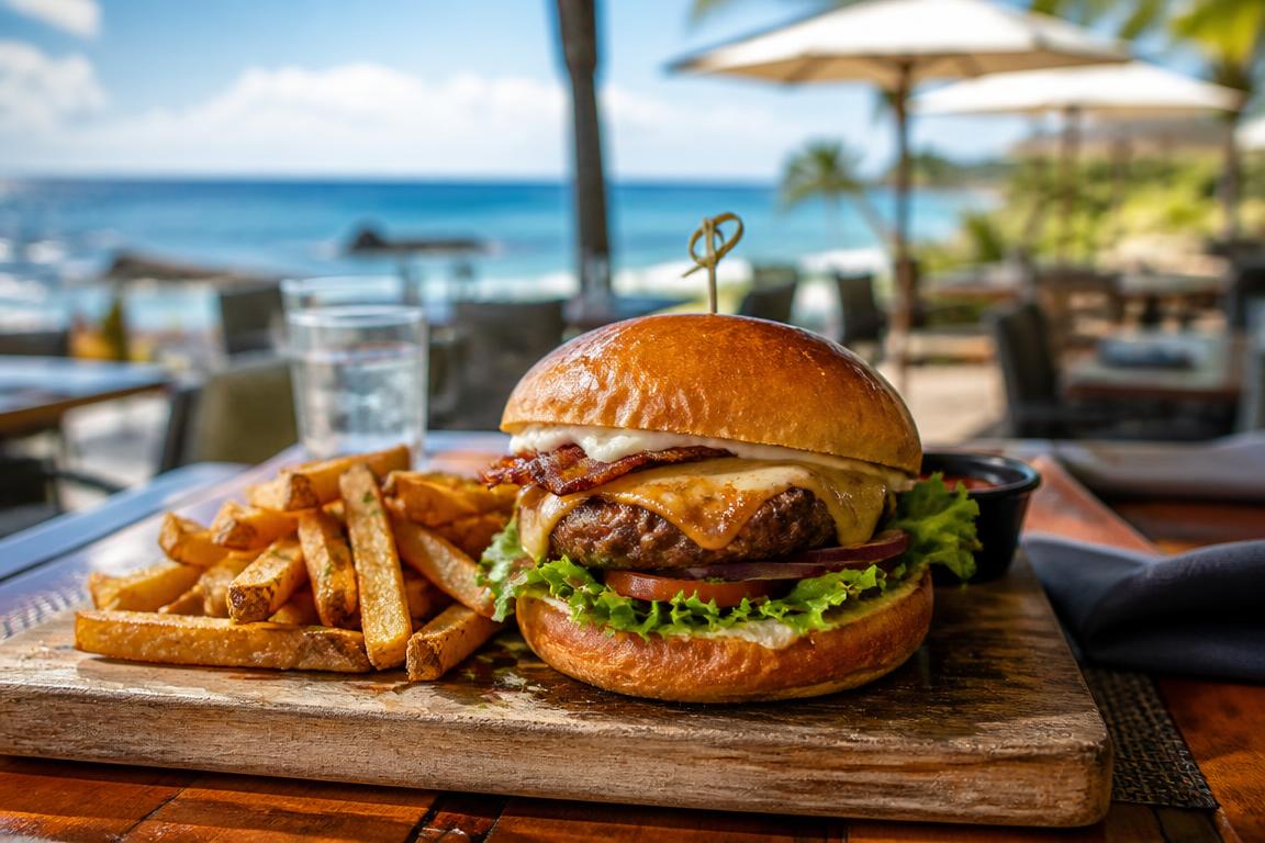 Hamburguer artesanal servido no Restaurante Bahiamarela em Búzios com vista para a área externa