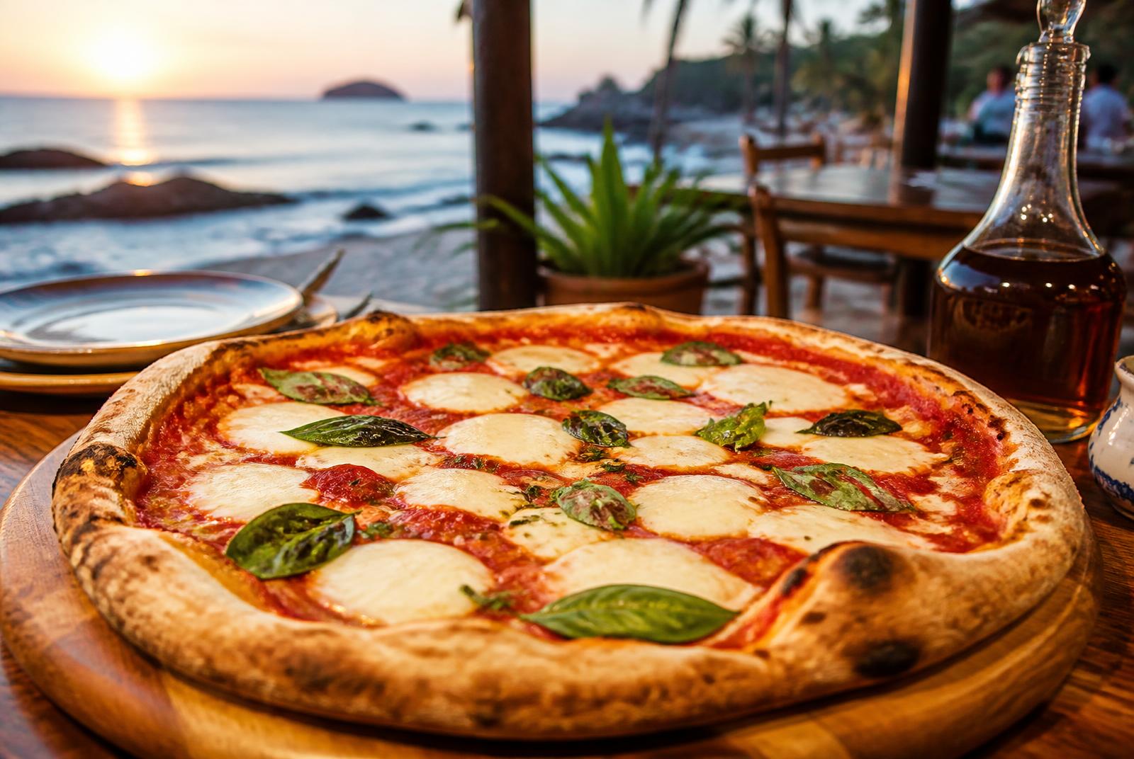 Pizza artesanal servida à beira-mar no Restaurante Bahiamarela em Búzios, com vista para o oceano ao entardecer